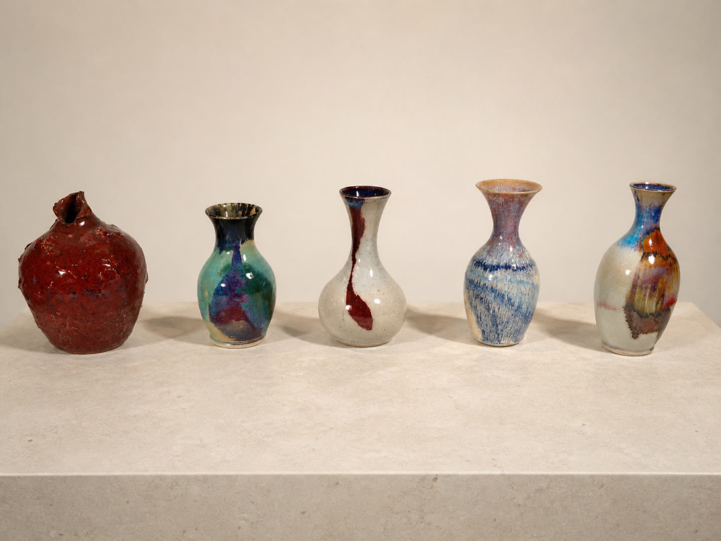 Five colorful tall-neck ceramic vessels