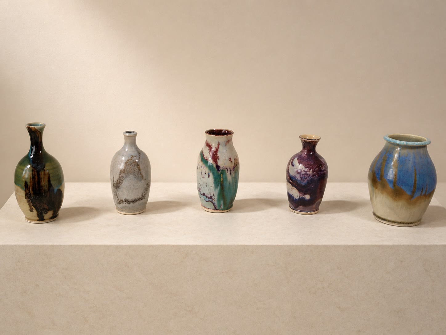 A row of small glazed ceramic vessels