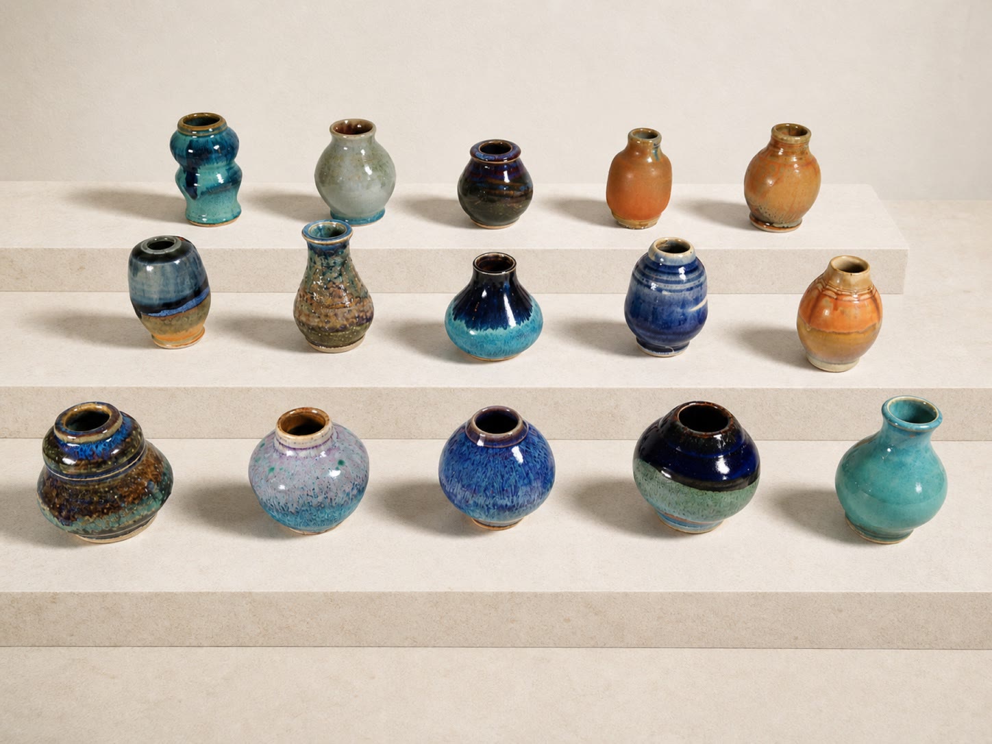 Small vessels showing a range of colorful glaze effects