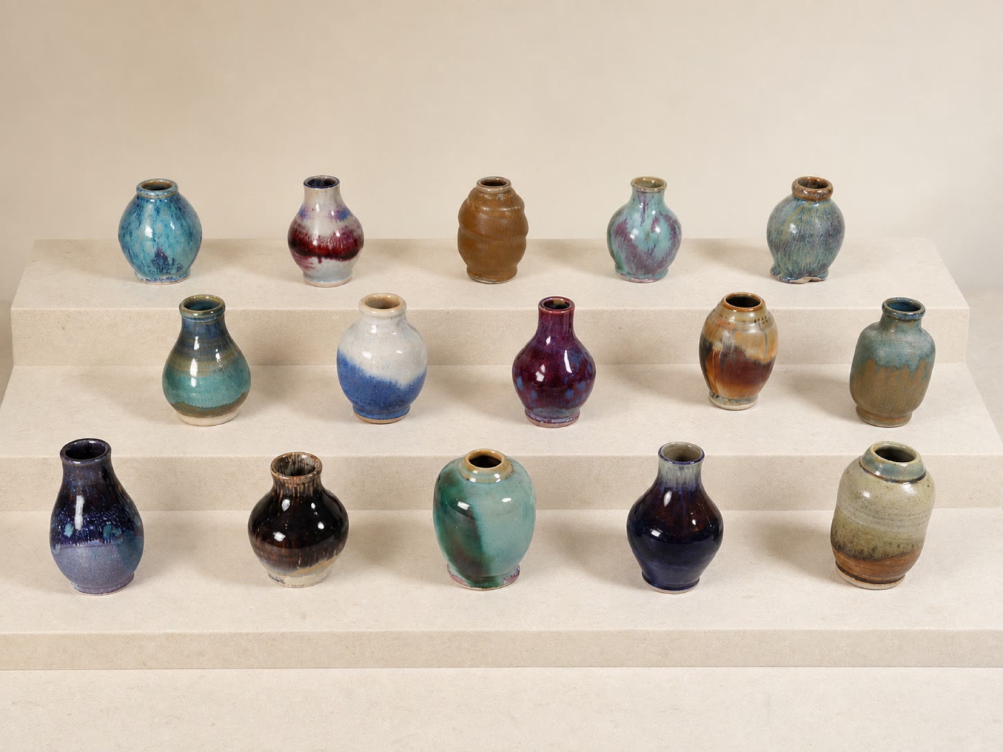 Fifteen small ceramic vessels arranged on stepped plinths